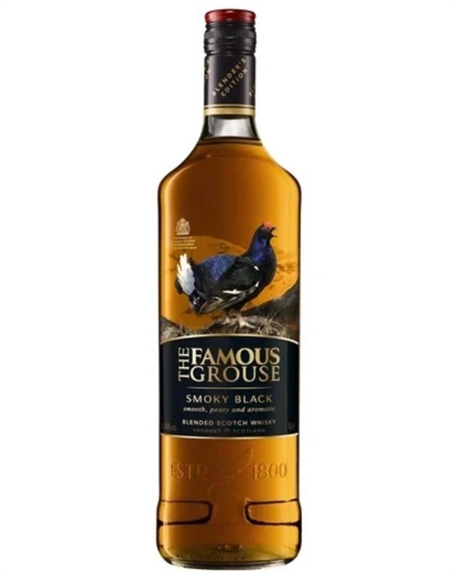 Bottle of The Famous Grouse Smoky Black with a black grouse on a dark gold-trimmed label