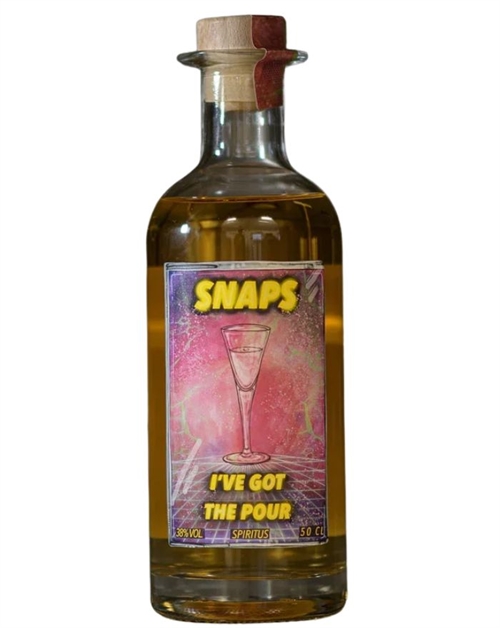Bottle of Cask-Aged Snaps from Sall Whisky with colourful retro label and snaps glass