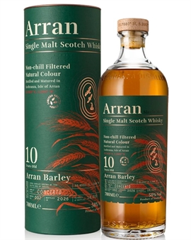 Bottle of Arran Barley 10 year Batch 002 with green label and red barley ears