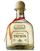 Bottle of Patrón Reposado Tequila with amber-tinted glass and black label