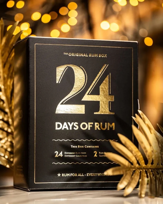 24 Days of Rum Black Edition box with gold leaf